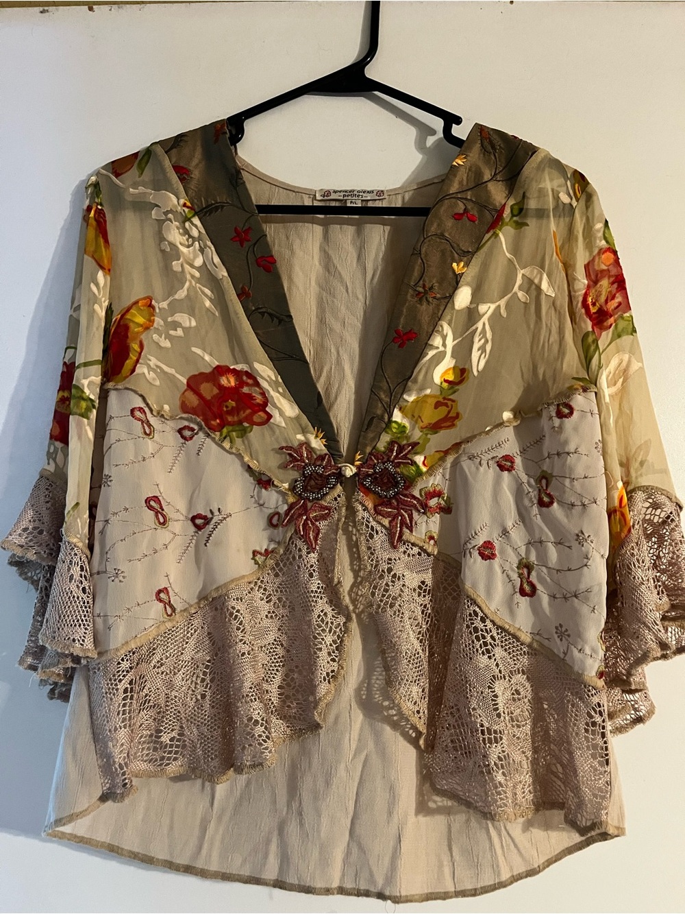 Spencer Alexis Embroidered Floral Lace Kimono Top in Beige & Olive